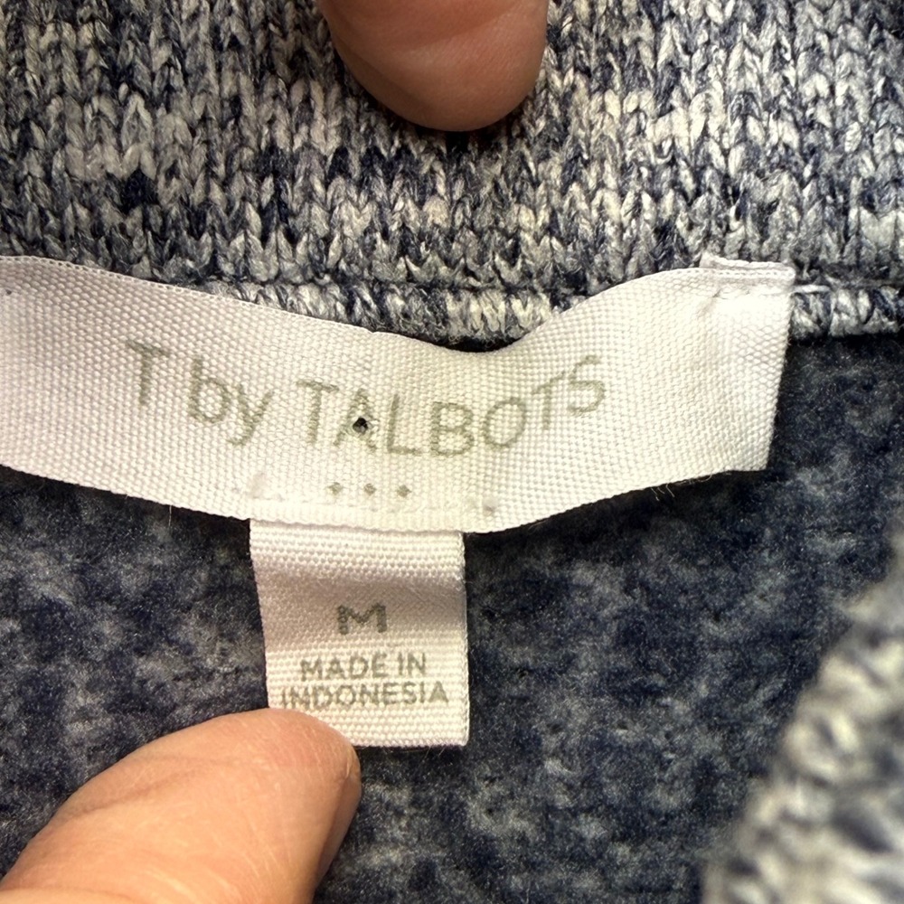 T by Talbots Womens Gray White Striped Fleece Mock Neck Button Pullover Medium - Picture 3 of 9